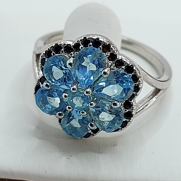 Natural Blue Apatite 5x4mm & Black Spinel 925 Sterling Silver Ring Size 7 - Picture 5 of 11
